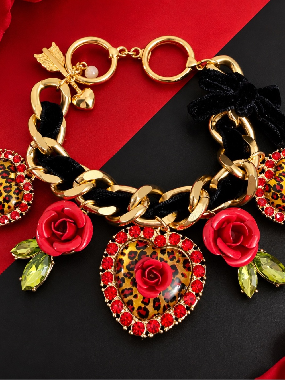 Betsey Johnson Gold-Tone Chain Bracelet with Red Roses & Leopard Heart Charms